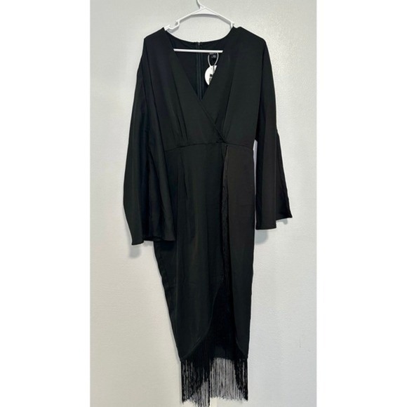 Boohoo Black Satin Long Sleeve Fringe Wrap Maxi Dress UK 14 US 10 - Picture 8 of 12